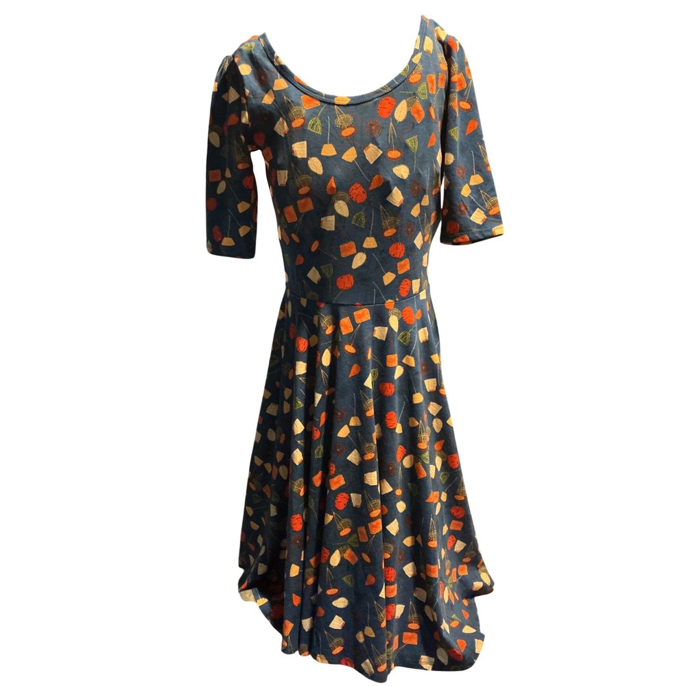 LuLaRoe Nicole Dress Small Blue Orange Geometric Fit Flare Elbow Sleeve